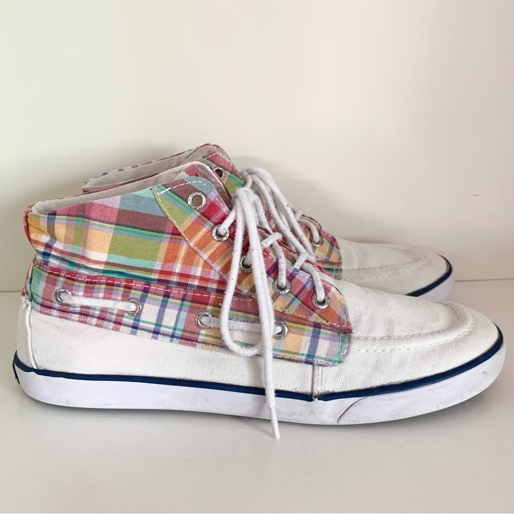 Vintage Ralph Lauren rainbow plaid boat shoes mid top sneakers